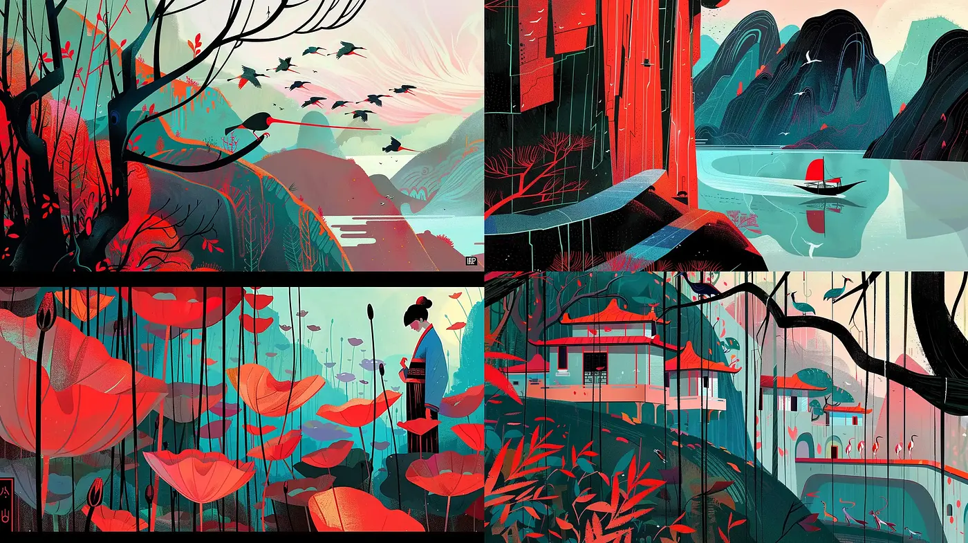 Serene Vistas with Stylized Botanical Illustrations and Vibrant Contrasts - Midjourney sref style