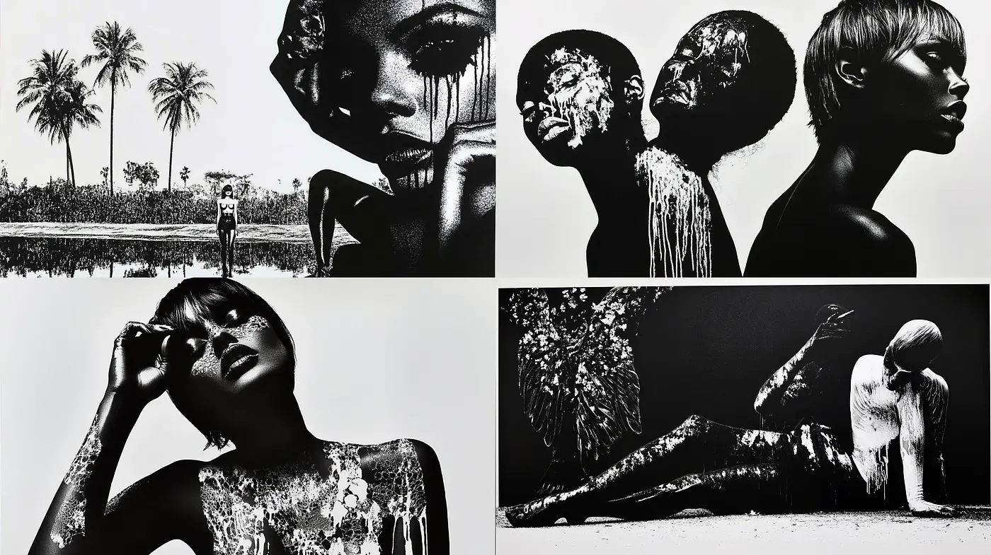 Monochromatic Elegance with High-Contrast Visuals and Surreal Embellishments - Midjourney sref style