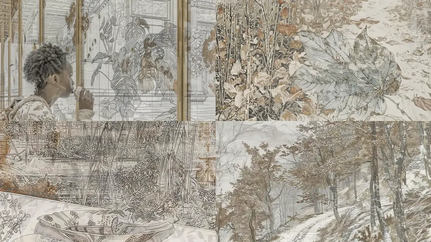 Intricate Illustrative Landscape with Nature-Inspired Elements - Midjourney sref style