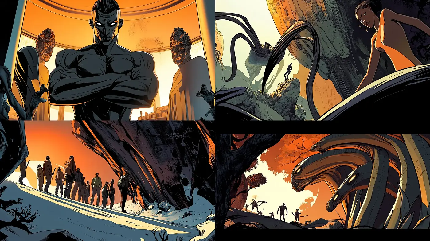 Dramatic Sunset Silhouettes in Vivid Comic Book Style - Midjourney sref style