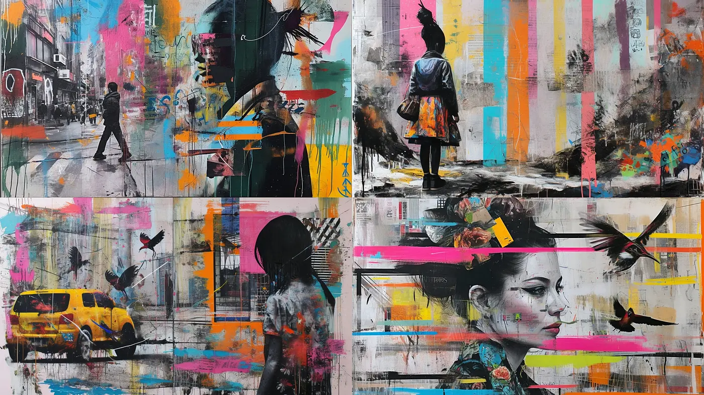 Synchrony of Abstract Urban Chaos: A Fusion of Street Art and Painterly Textures in Diverse Color Escapes - Midjourney sref style