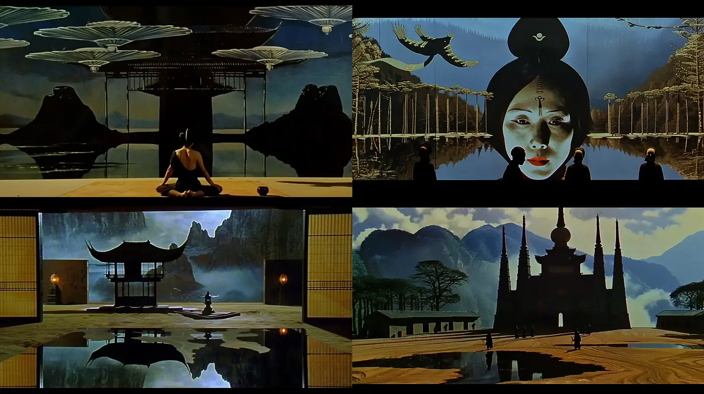 Surreal Asiatic Dreamscape with a Theatrical Ambiance - Midjourney sref style