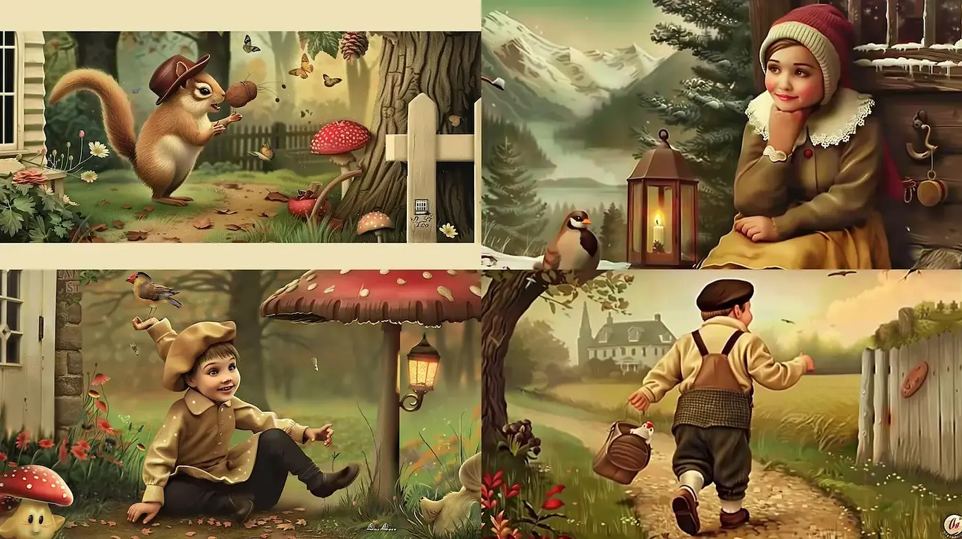 Whimsical Vintage Scenes with a Nostalgic Charm - Midjourney sref style