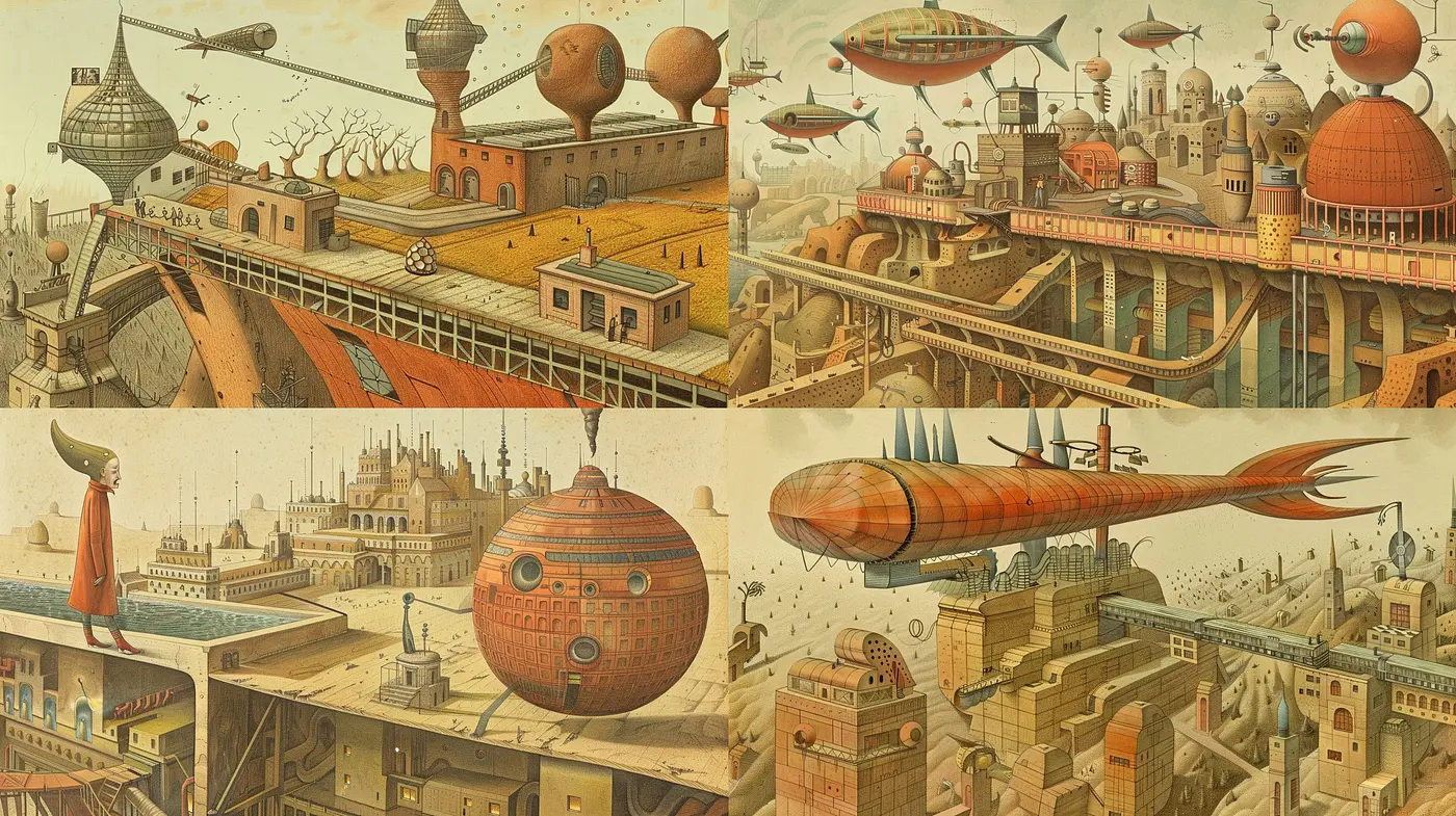 Timeless Sepia-Toned Dreamscape of Whimsical Steampunk - Midjourney sref style