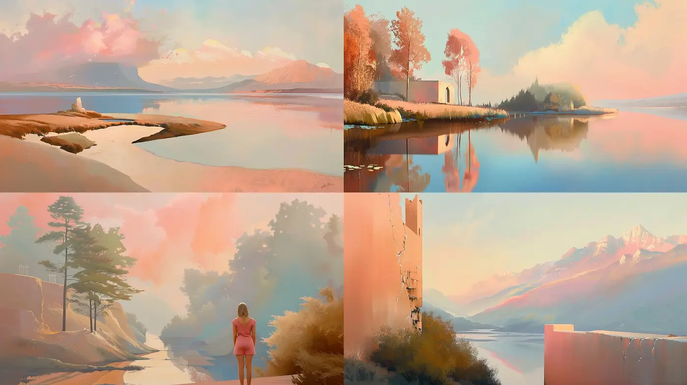 Tranquil Dusk: A Study in Pastel Serenity and Softened Landscapes - Midjourney sref style