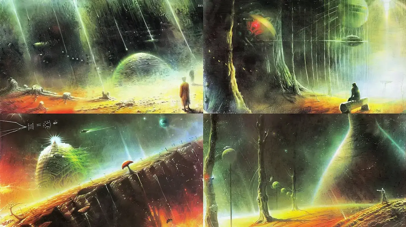 Dreamy Sci-Fi Landscapes with Surreal Elements - Midjourney sref style