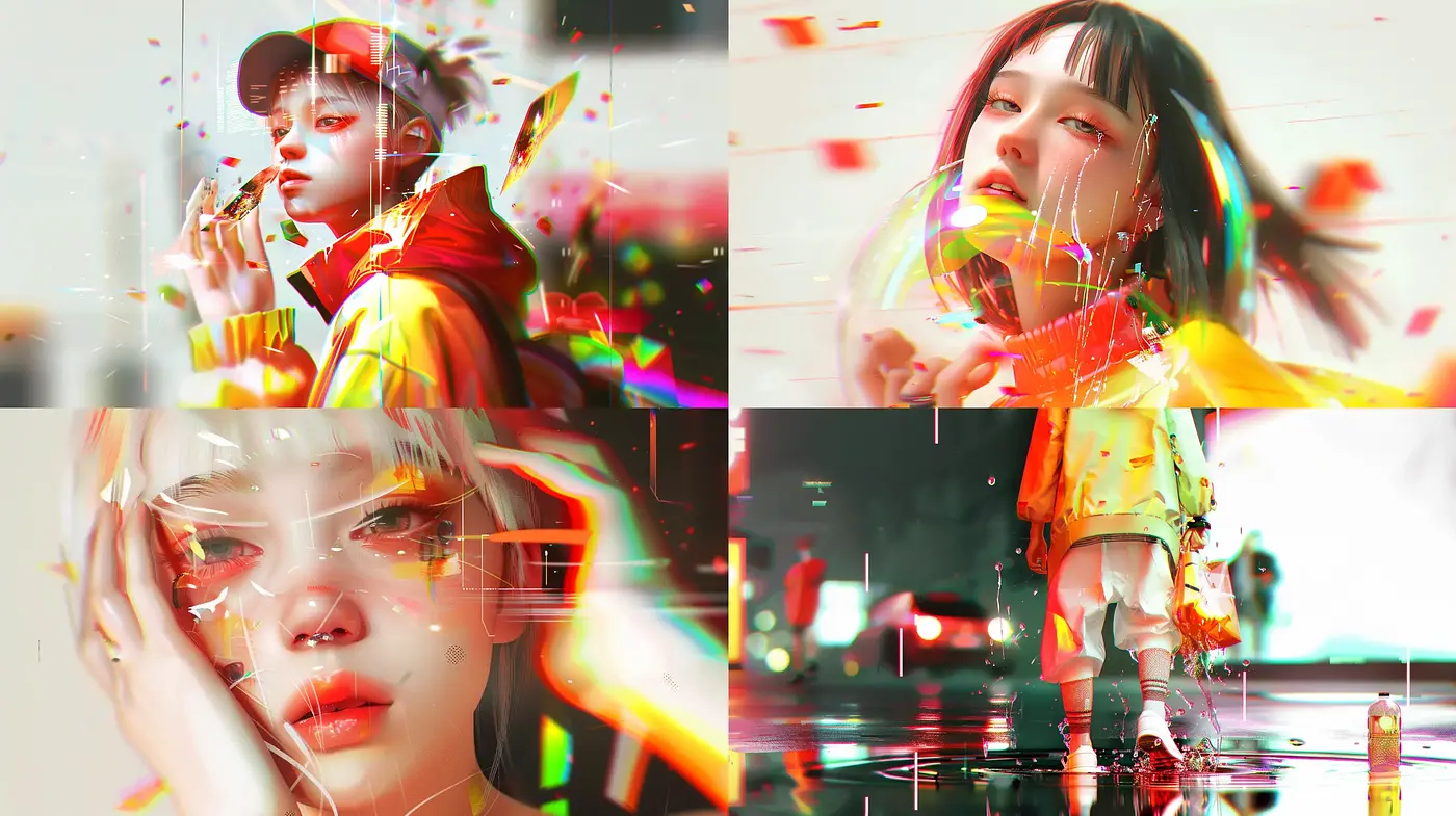 Digital Glitch Aesthetic with Vibrant Surrealist Overtones - Midjourney sref style