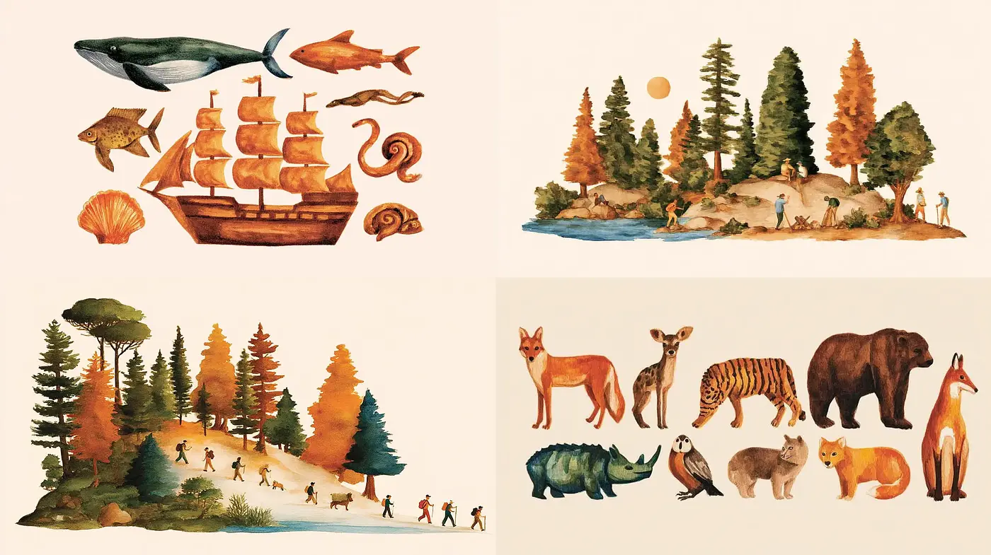 Whimsical Illustrated Scenes with a Vintage Aesthetic - Midjourney sref style