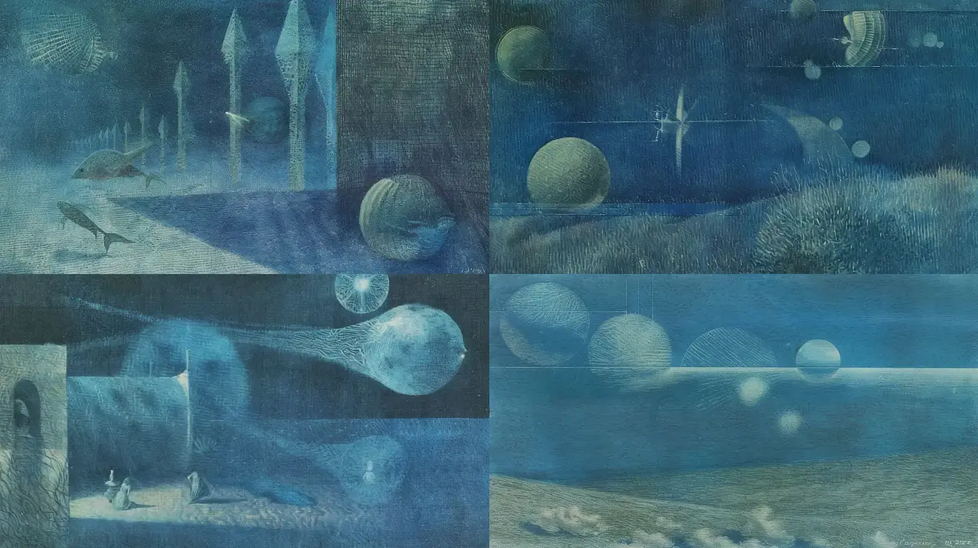 Surreal Cosmic Imagery with Ethereal Elements and Muted Textures - Midjourney sref style