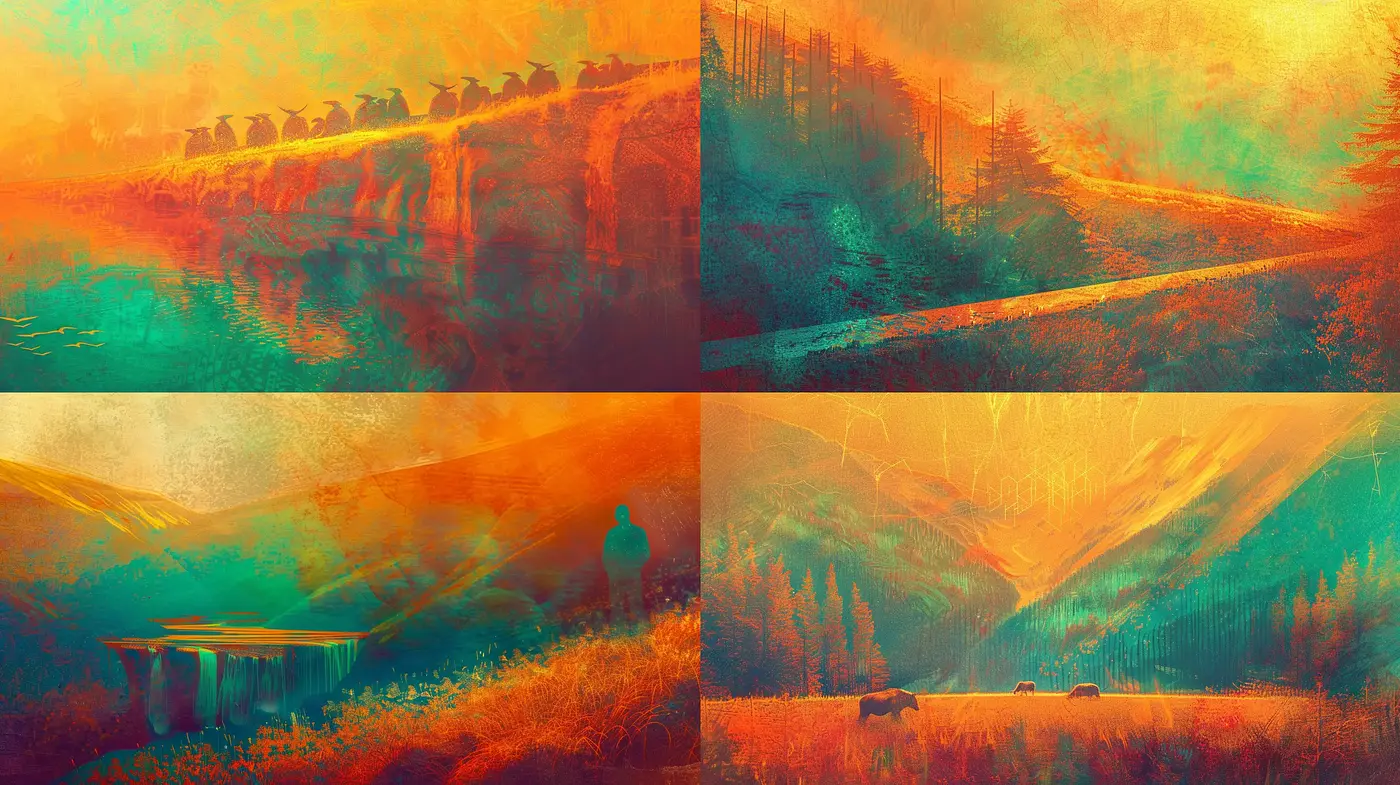Sunset Infused Dreamscapes: A Fusion of Warm Tones and Serene Nature - Midjourney sref style