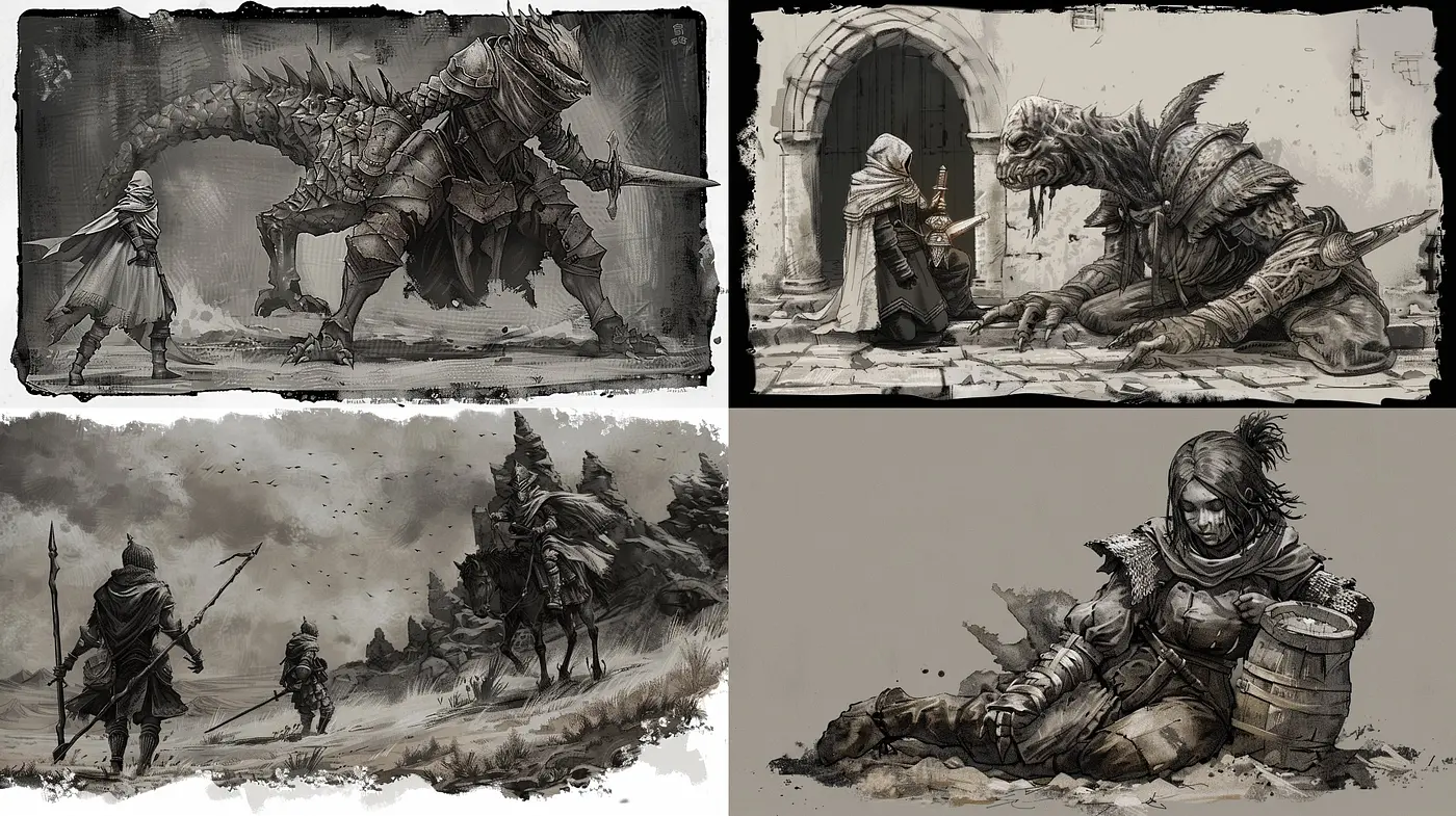 Monochromatic Textural Harmony in Fantastical Illustration - Midjourney sref style