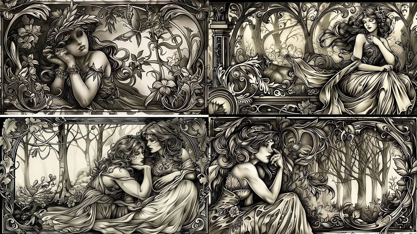 Monochromatic Sepia Tapestry: Classical Art Nouveau Reimagined - Midjourney sref style