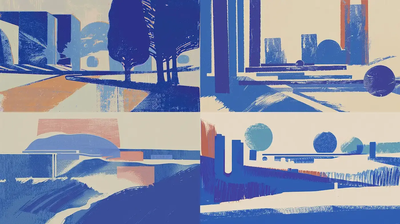 Contemporary Minimalist Landscapes with a Retro Vibe - Midjourney sref style