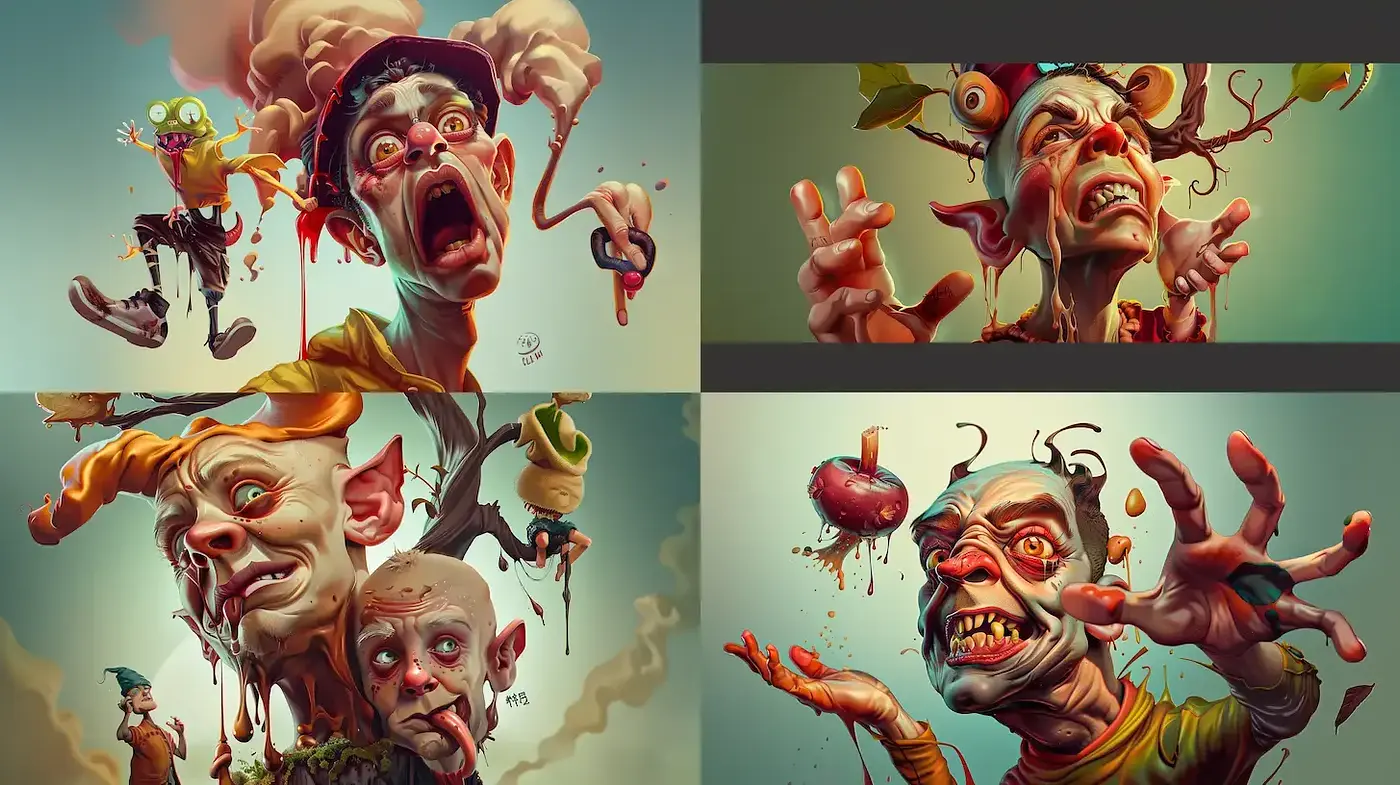 Surreal Caricatured Distortions with a Grotesque Edge - Midjourney sref style