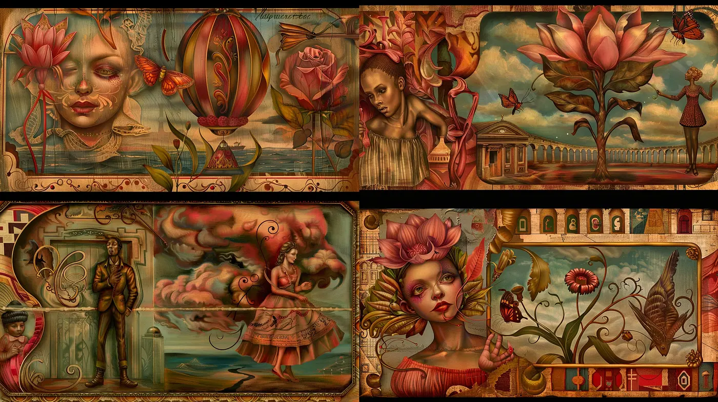 Whimsical Fusion of Baroque and Surrealism in Teal and Sepia Tones - Midjourney sref style