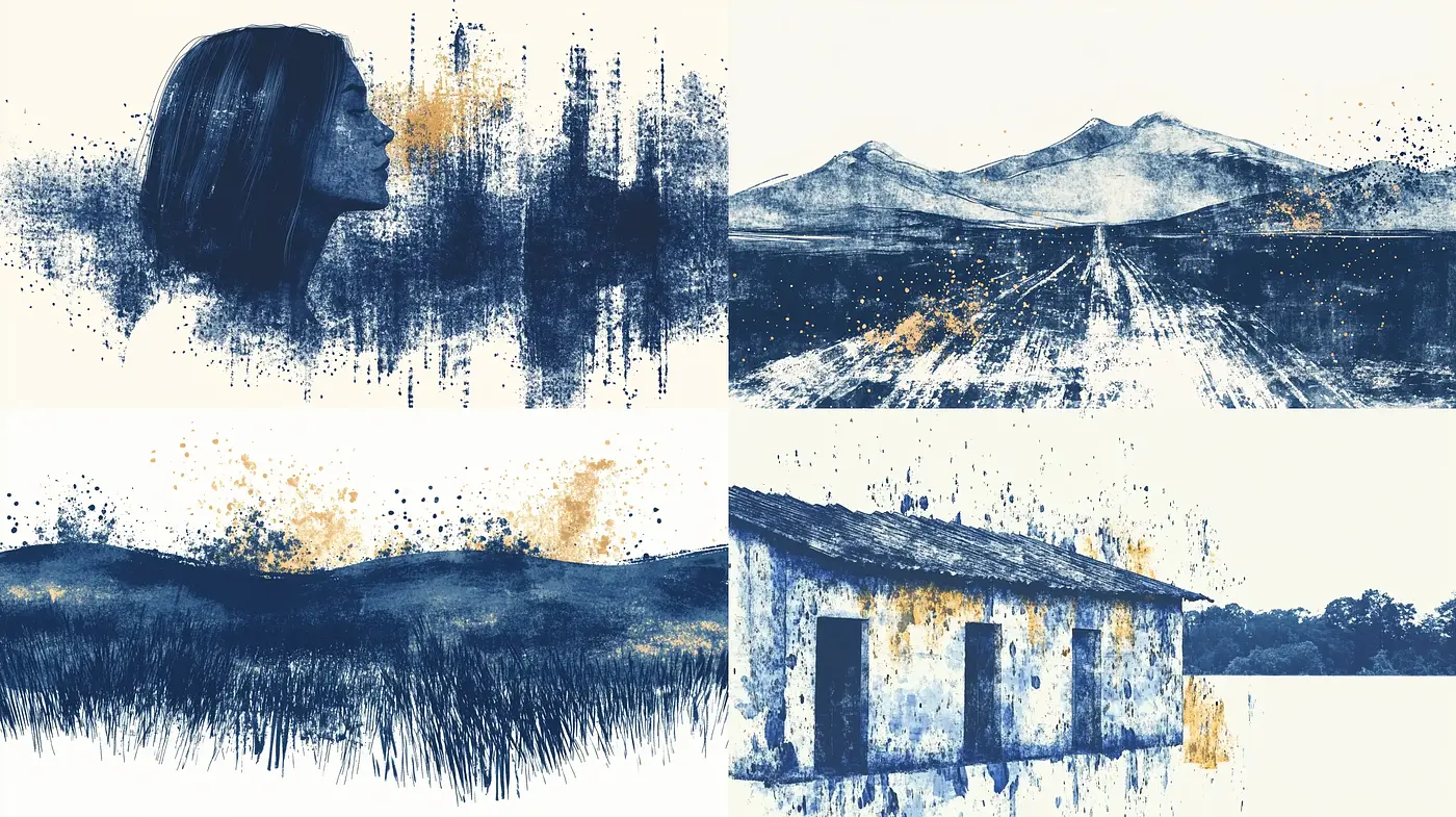 Indigo Brushwork and Speckled Textures: A Tranquil and Melancholic Art Series - Midjourney sref style