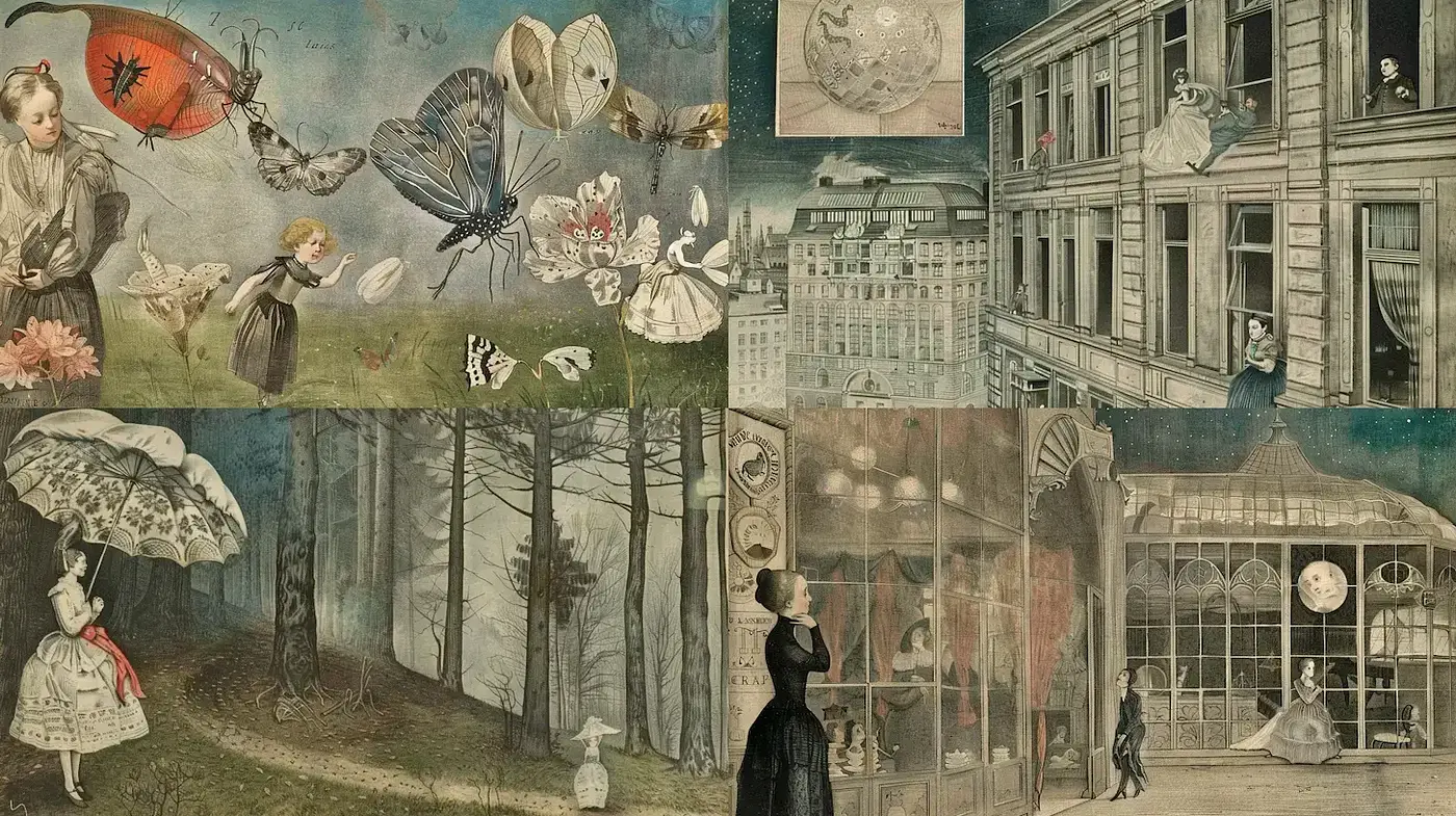 Ethereal Surrealism with a Victorian Touch and Dreamlike Quality - Midjourney sref style