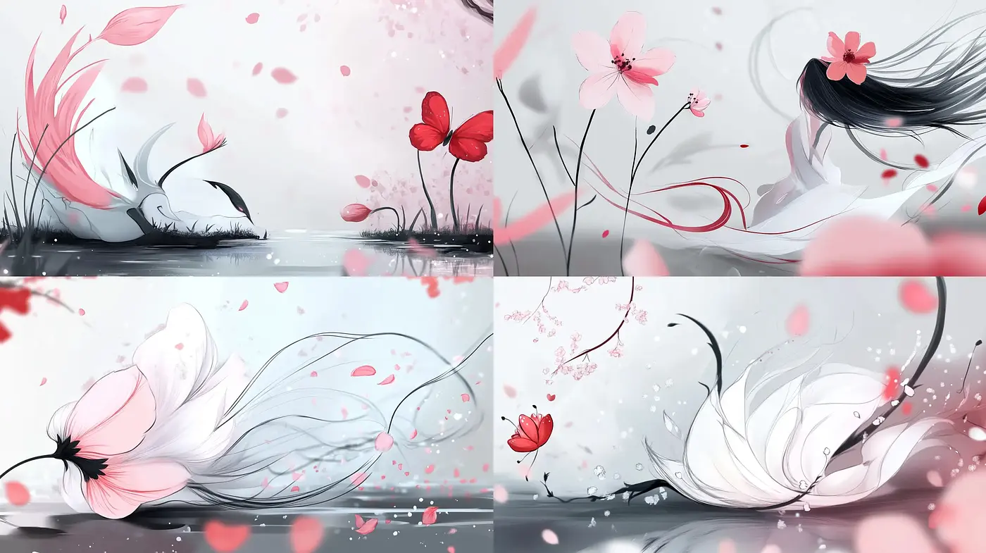 Ethereal Blossom Elegance in Surreal Monochrome and Crimson - Midjourney sref style