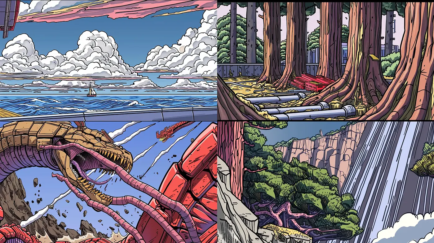 Panoramic Vistas of Stylized Nature with Vibrant Comic Book Flair - Midjourney sref style