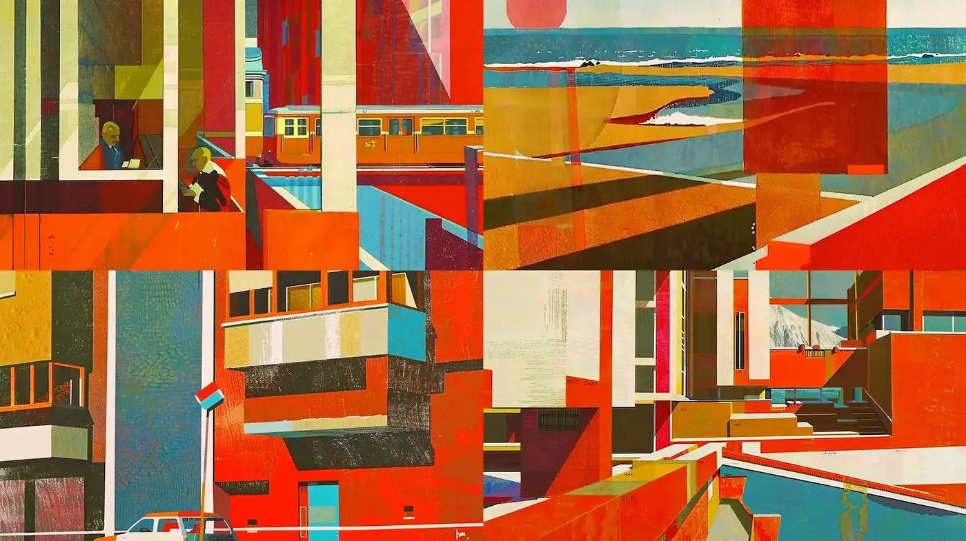 Vibrant Architectural Landscape with Geometric Abstraction - Midjourney sref style