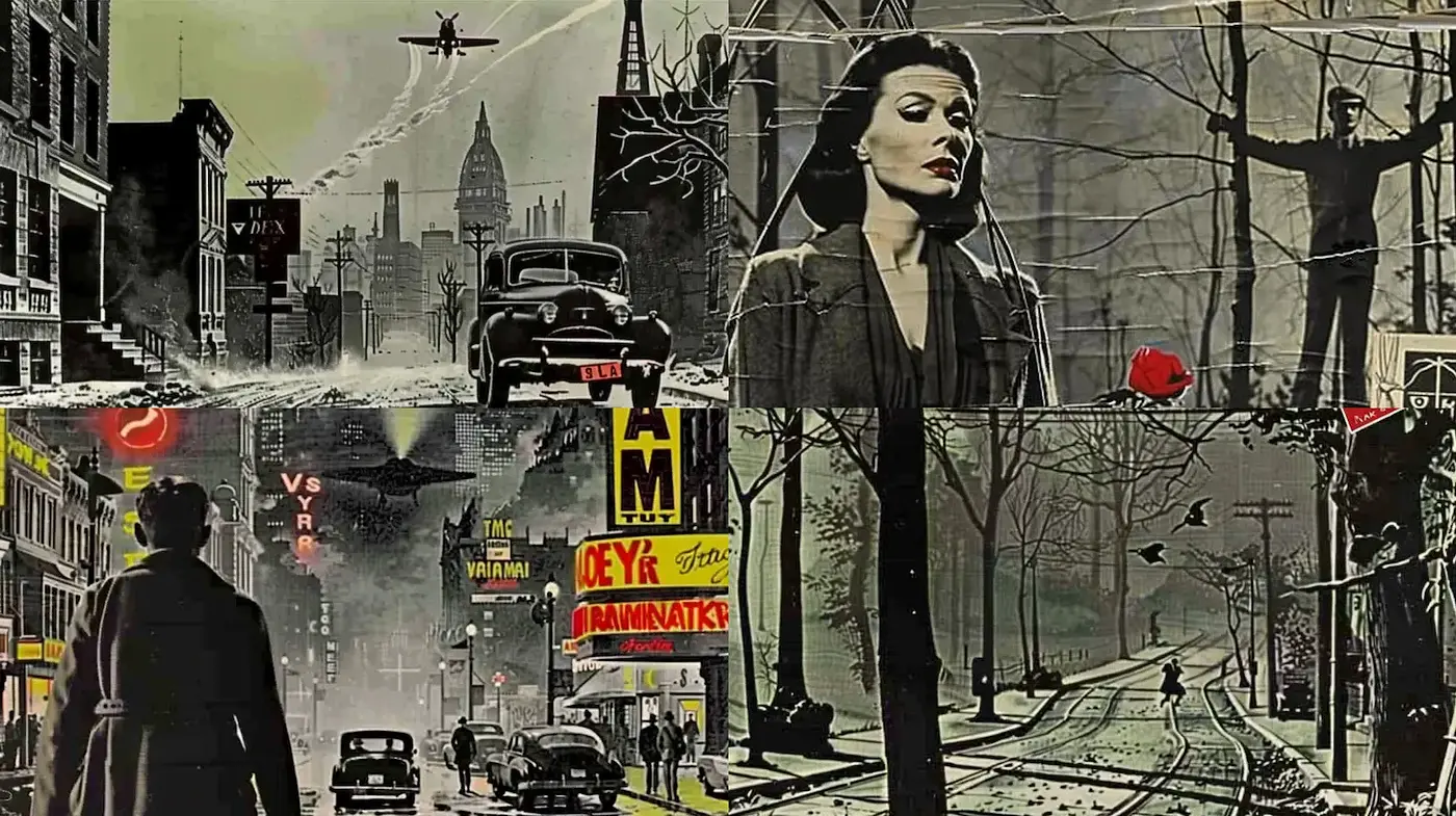 Moody Urban Noir with Vintage Aesthetic and Artistic Undertones - Midjourney sref style