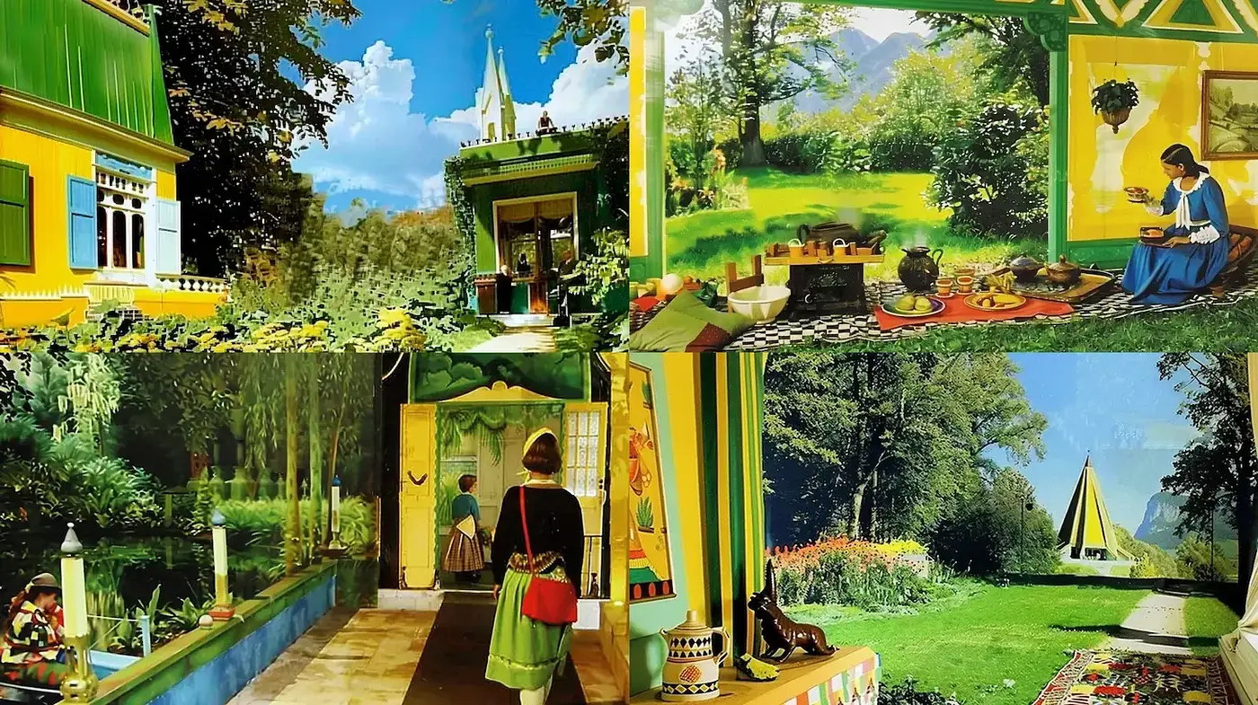 Vibrant architectural scenes with a whimsical, pastoral vibe - Midjourney sref style