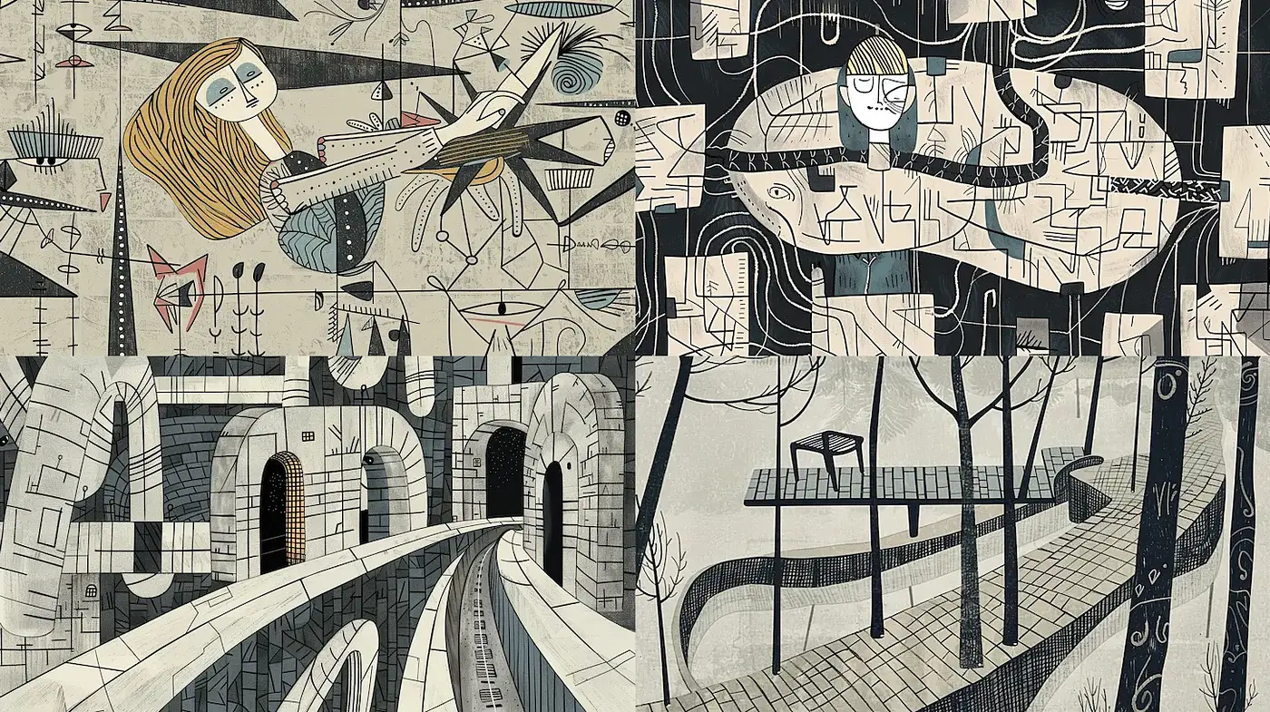 Stylized Minimalist Art with Abstract Figures and Geometric Forms - Midjourney sref style