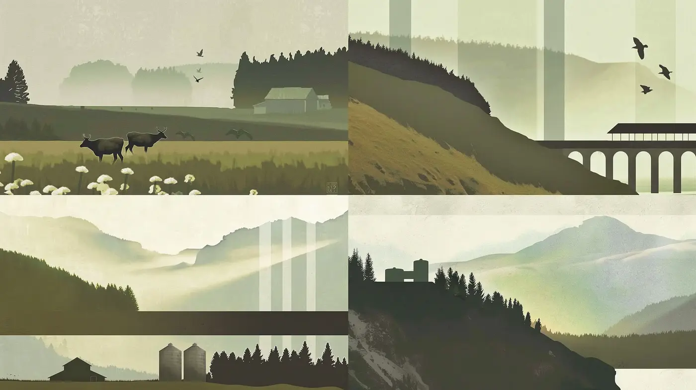 Serene Pastoral Landscapes with Stylized Volumetric Light - Midjourney sref style