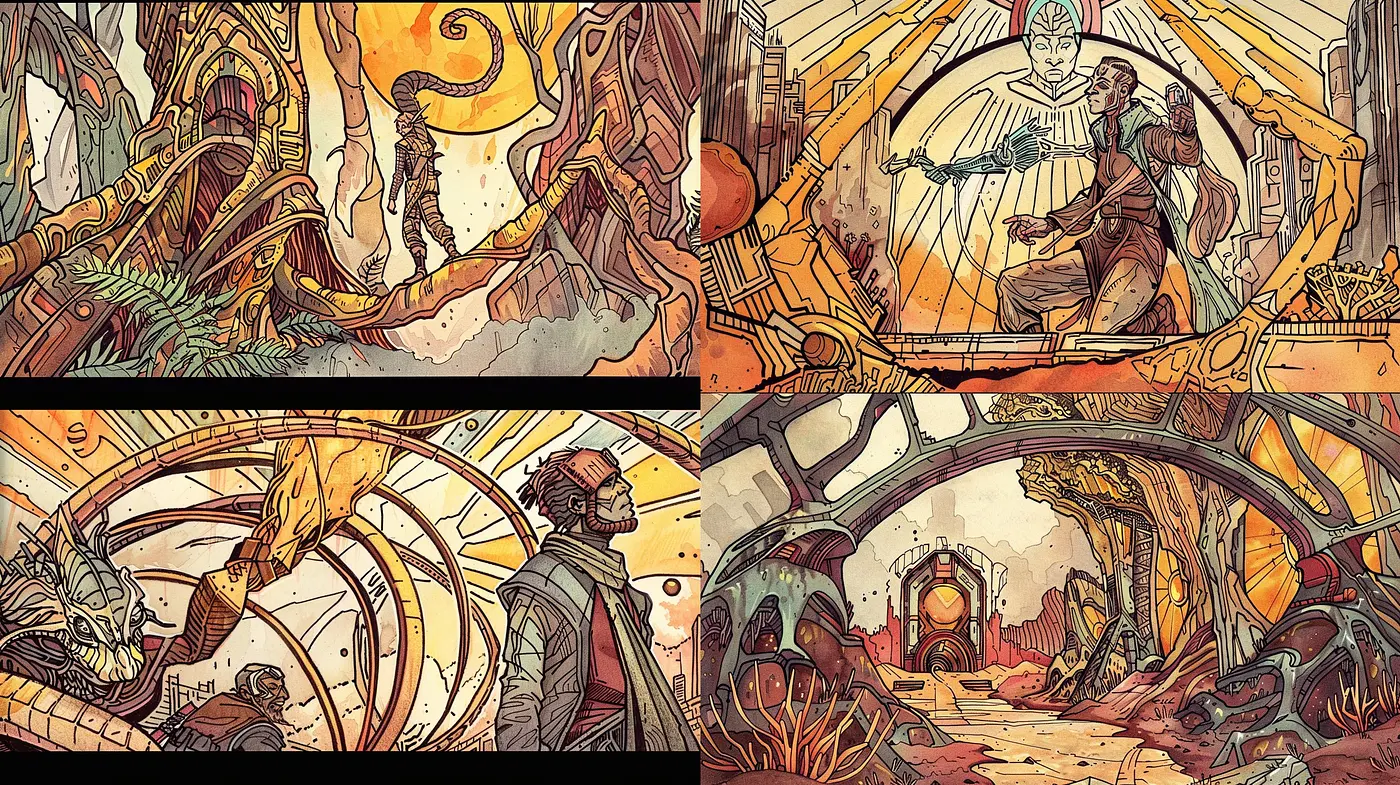 Whimsical Fusion of Surrealism and Comic Artistry with a Warm Retro Palette - Midjourney sref style