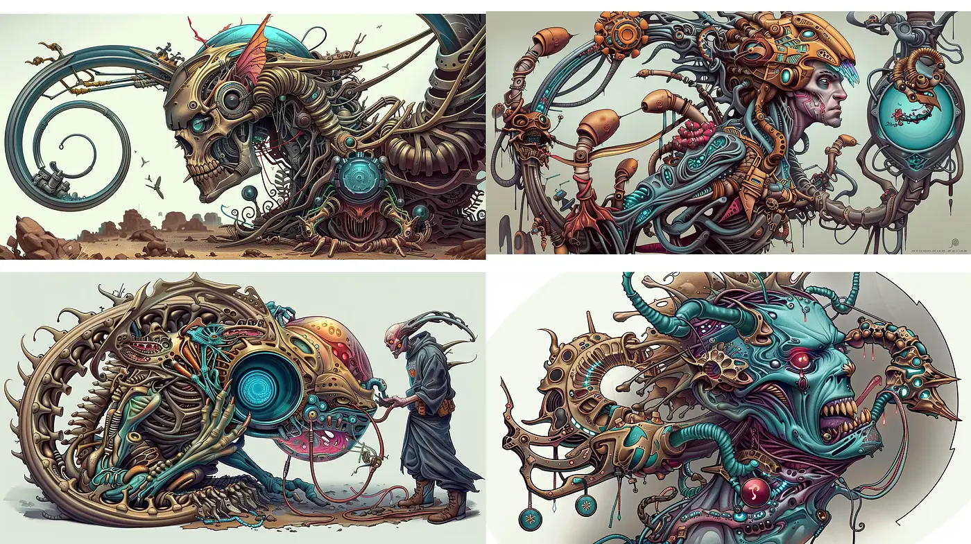 Mechanical Fantasia: A Blend of Steampunk Intricacy and Surreal Organic Forms - Midjourney sref style