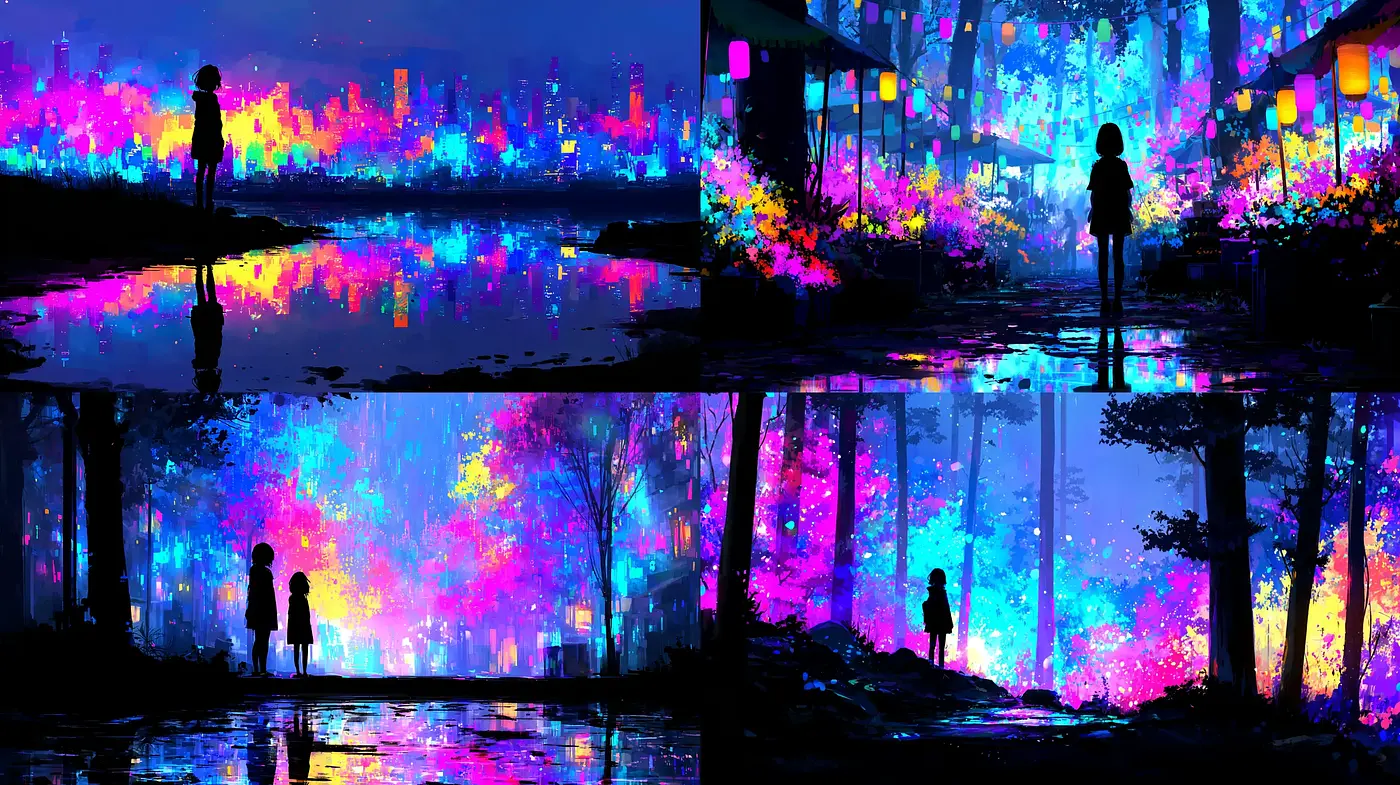Vibrant and Dreamlike Urban Nightscape with Ethereal Reflections - Midjourney sref style
