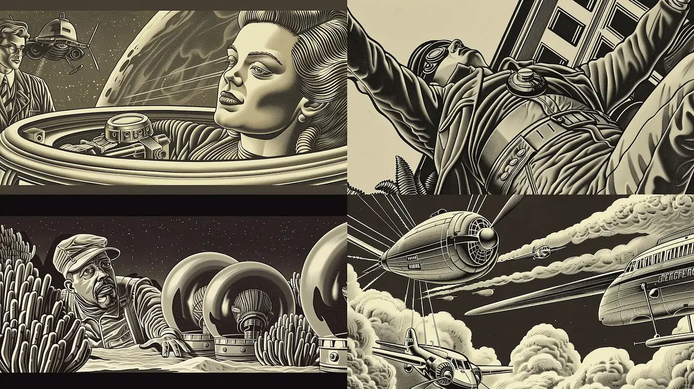 Futuristic Retro Comic Style with Bold Lines and Dramatic Atmosphere - Midjourney sref style
