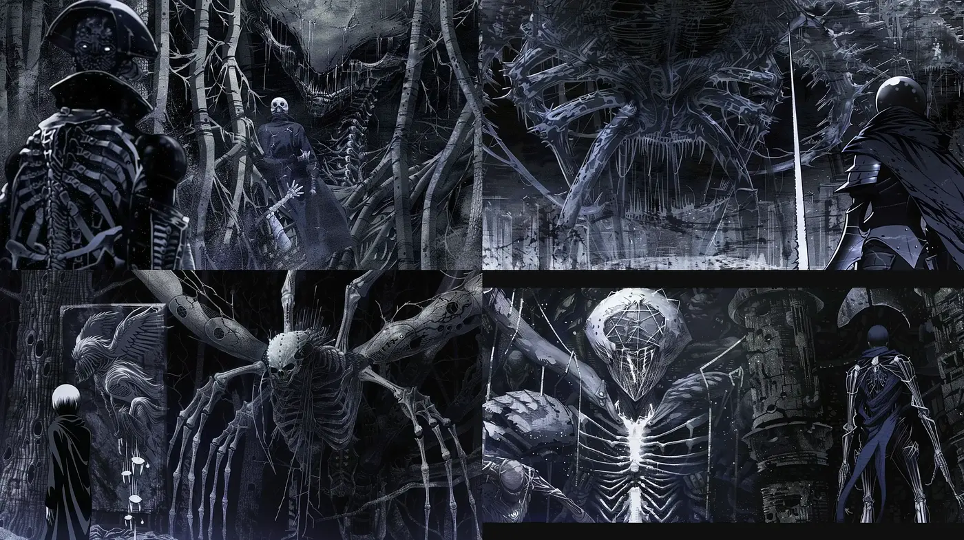 Monochromatic Ethereal Dread: A Fusion of Dark Fantasy and Eerie Ambience - Midjourney sref style