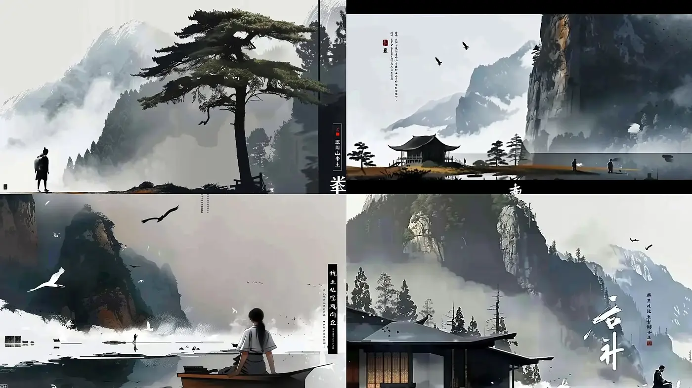 Serene Eastern Landscape Fusion with Ink Wash Painting Attributes - Midjourney sref style