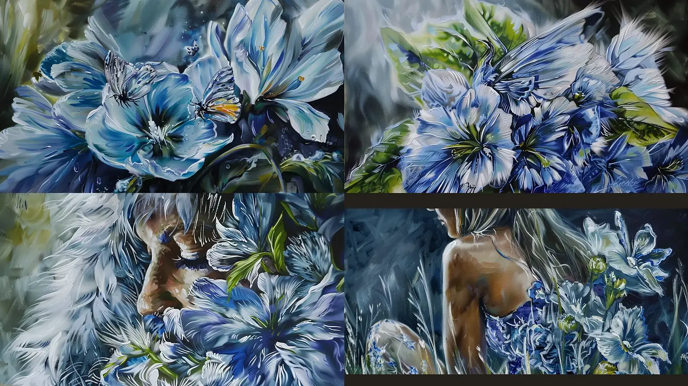 Ethereal Brushstrokes in Blue: A Convergence of Impressionism and Photorealism - Midjourney sref style