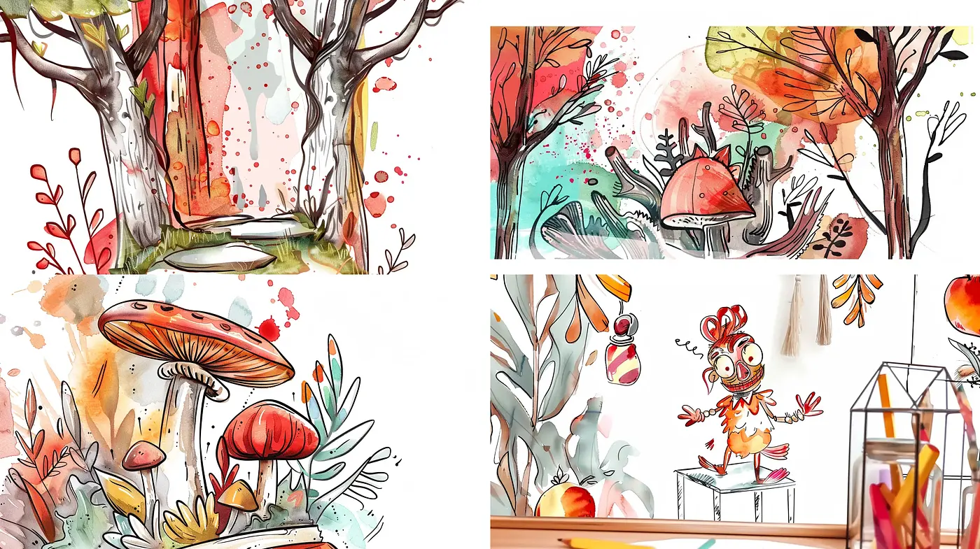 Whimsical Watercolor Woodland and Fauna Illustration - Midjourney sref style