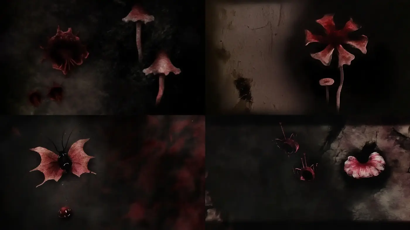 Nocturnal Blooms in Textured Darkness: A Study in Surreal Botanicals - Midjourney sref style