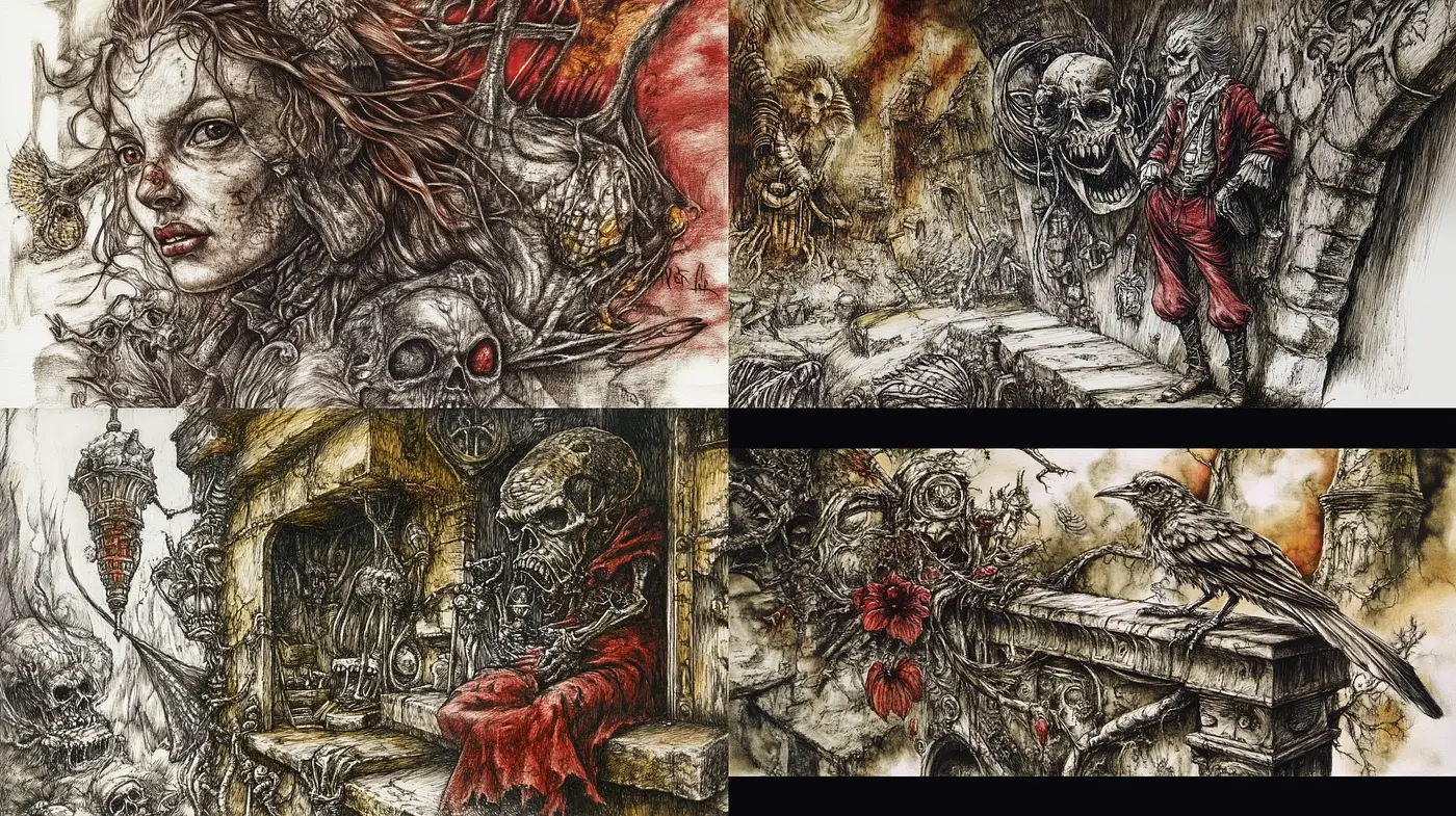 Gothic Reverie: A Dark Fantasy Exploration through Intricate Ink Illustrations - Midjourney sref style