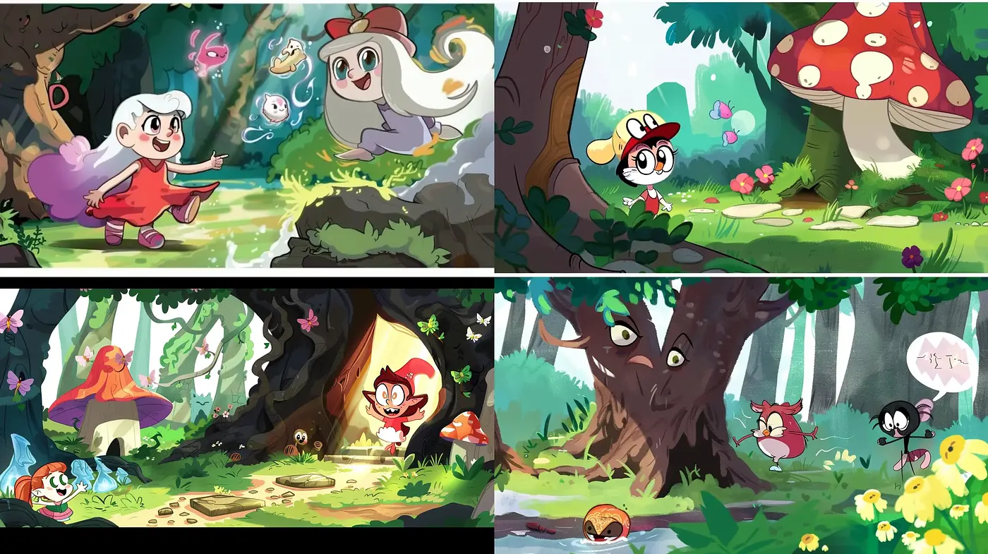 Whimsical Forest Animation Art Style with Consistent Character Design - Midjourney sref style