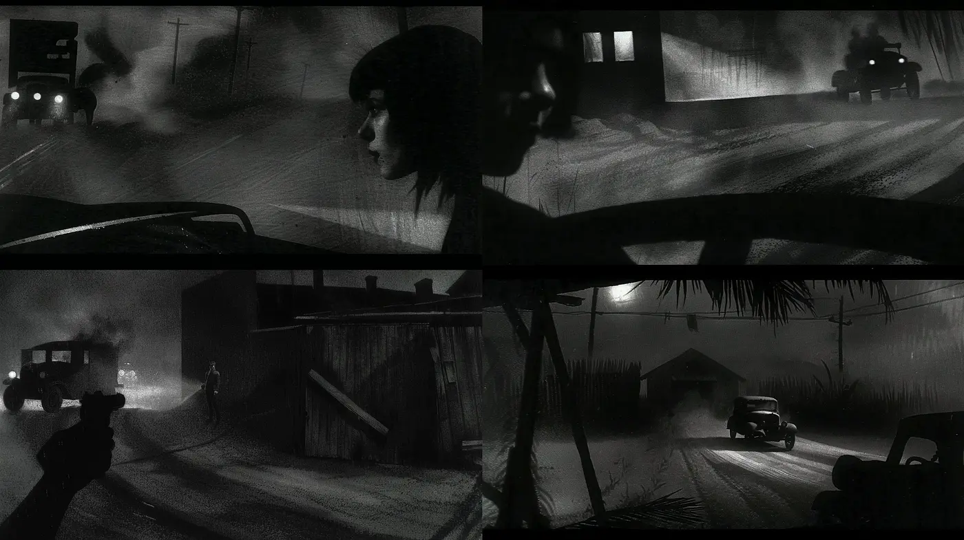 Noir-Inspired Monochromatic Dreamscape - Midjourney sref style