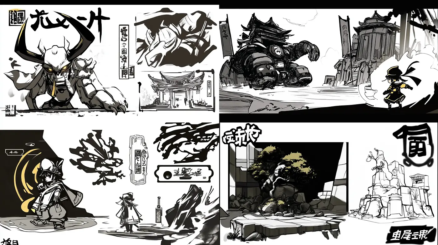 Monochromatic Ink Wash Fusion with Contemporary Anime Essence - Midjourney sref style