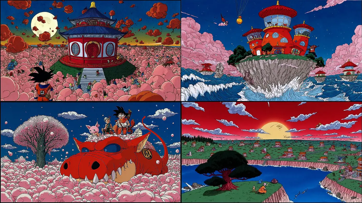 Dynamic and Whimsical Animated Landscapes with Surreal Elements - Midjourney sref style