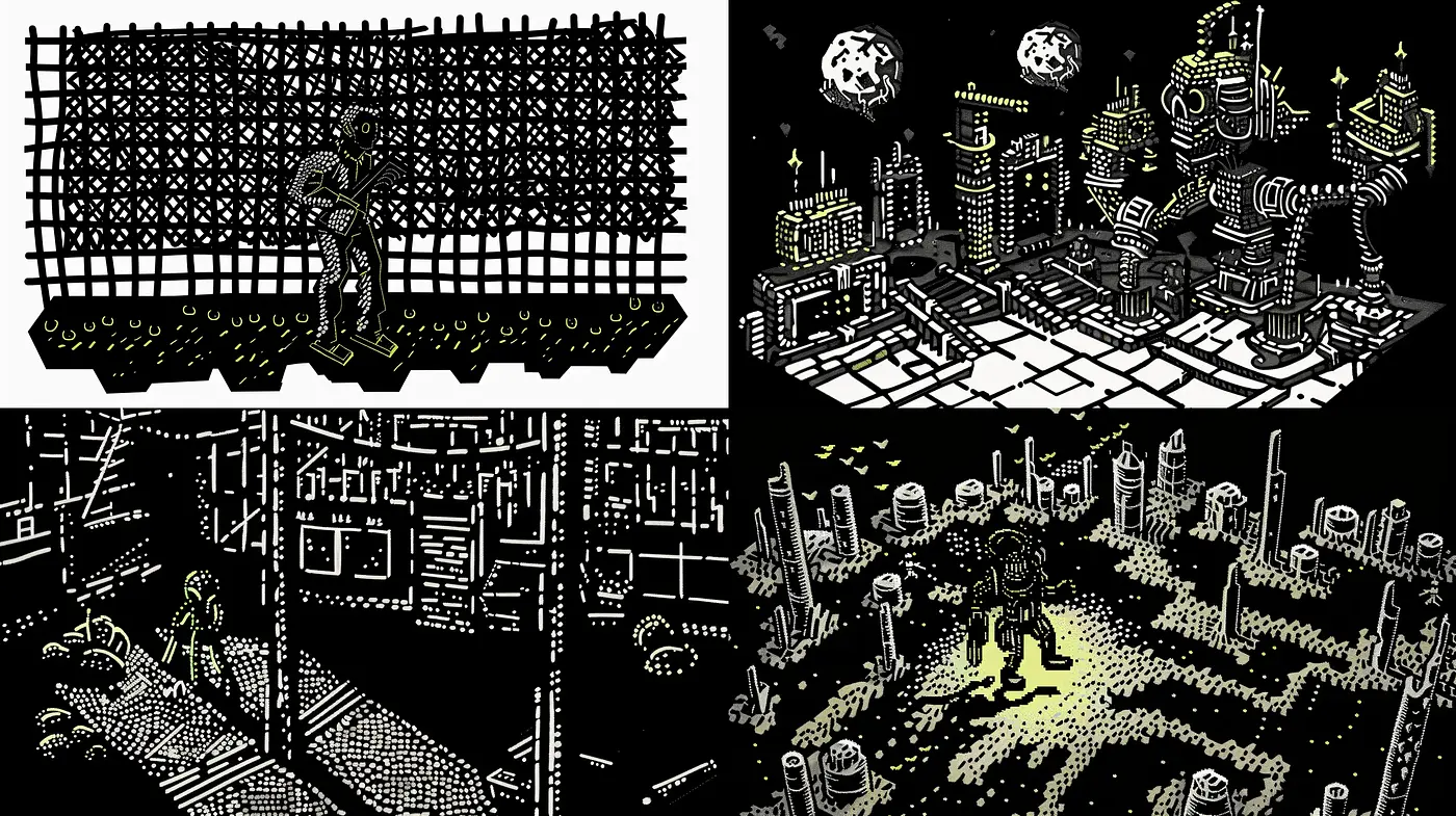 Monochromatic Dreamscape of Stylized Urban and Celestial Vignettes - Midjourney sref style