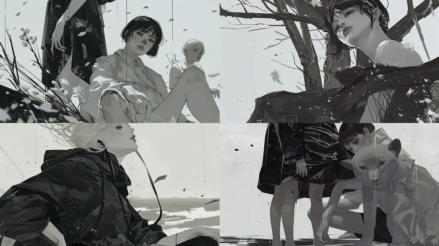 Monochromatic Melancholia in Expressive Brushwork - Midjourney sref style
