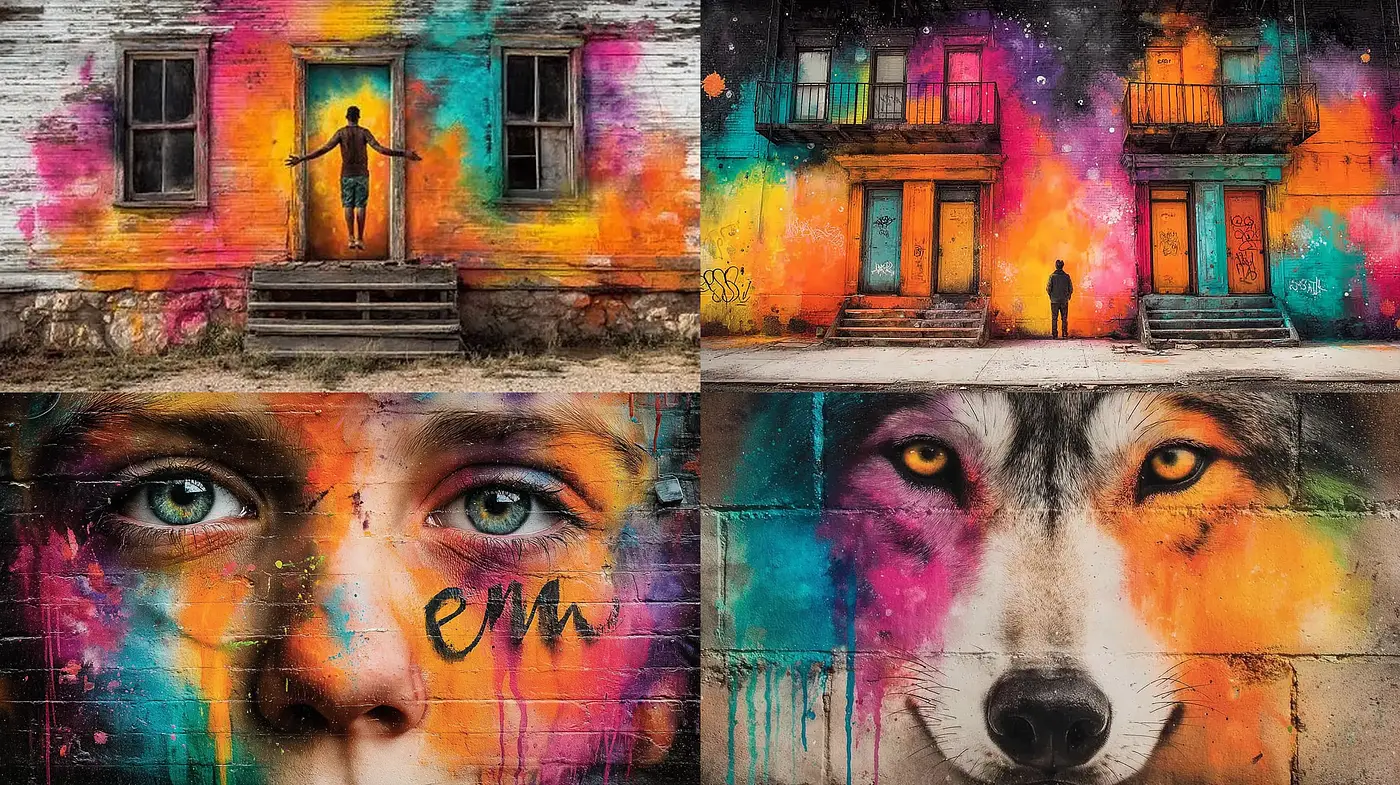 Vibrant Street Art with a Dreamlike Quality and Mystical Elements - Midjourney sref style