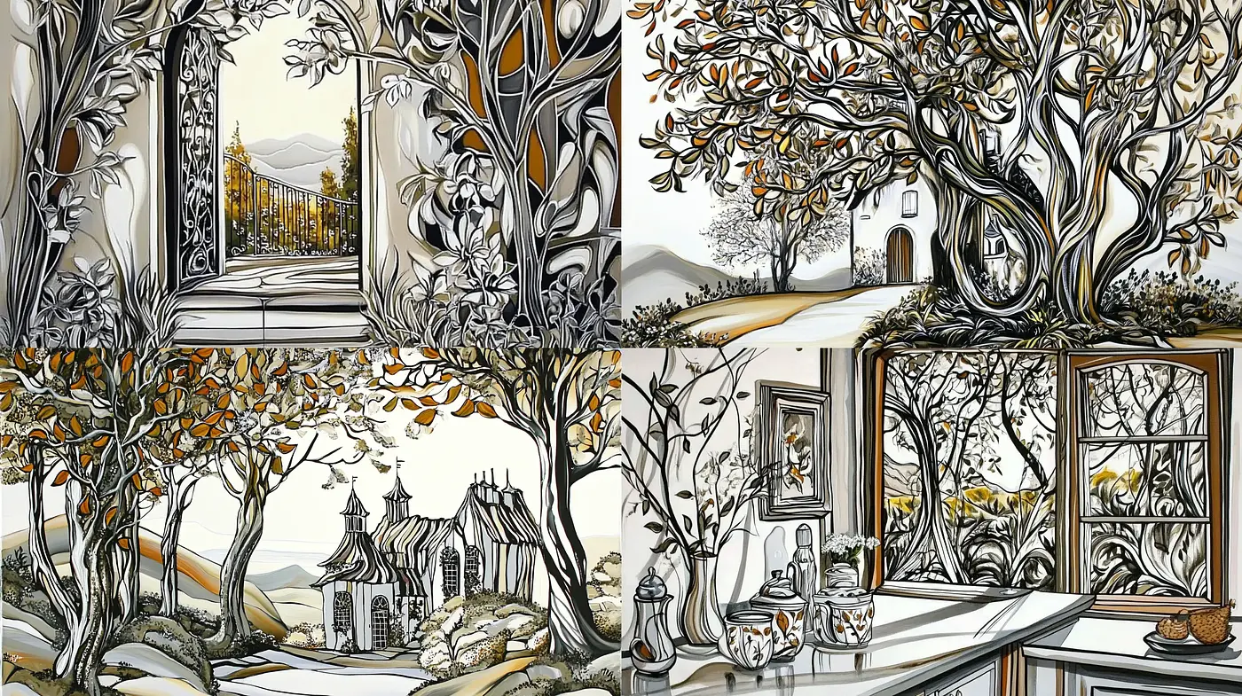 Ethereal Monochrome Scenarios Framed by Nature's Intricacy - Midjourney sref style