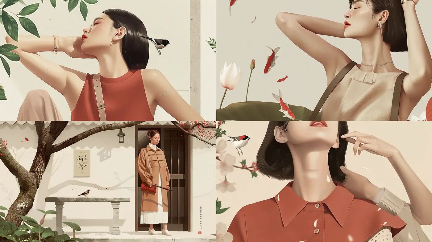 Elegant Serenity in Burnt Sienna: A Consistent Vintage-Inspired Digital Painting Series - Midjourney sref style