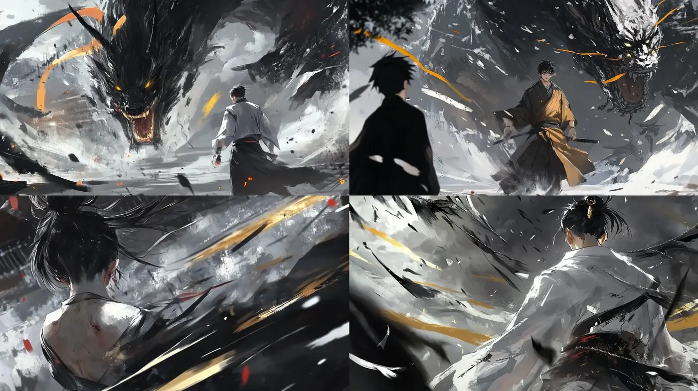 Dynamic Brushwork Energy in Monochromatic Hues with Ephemeral Gold Accents - Midjourney sref style