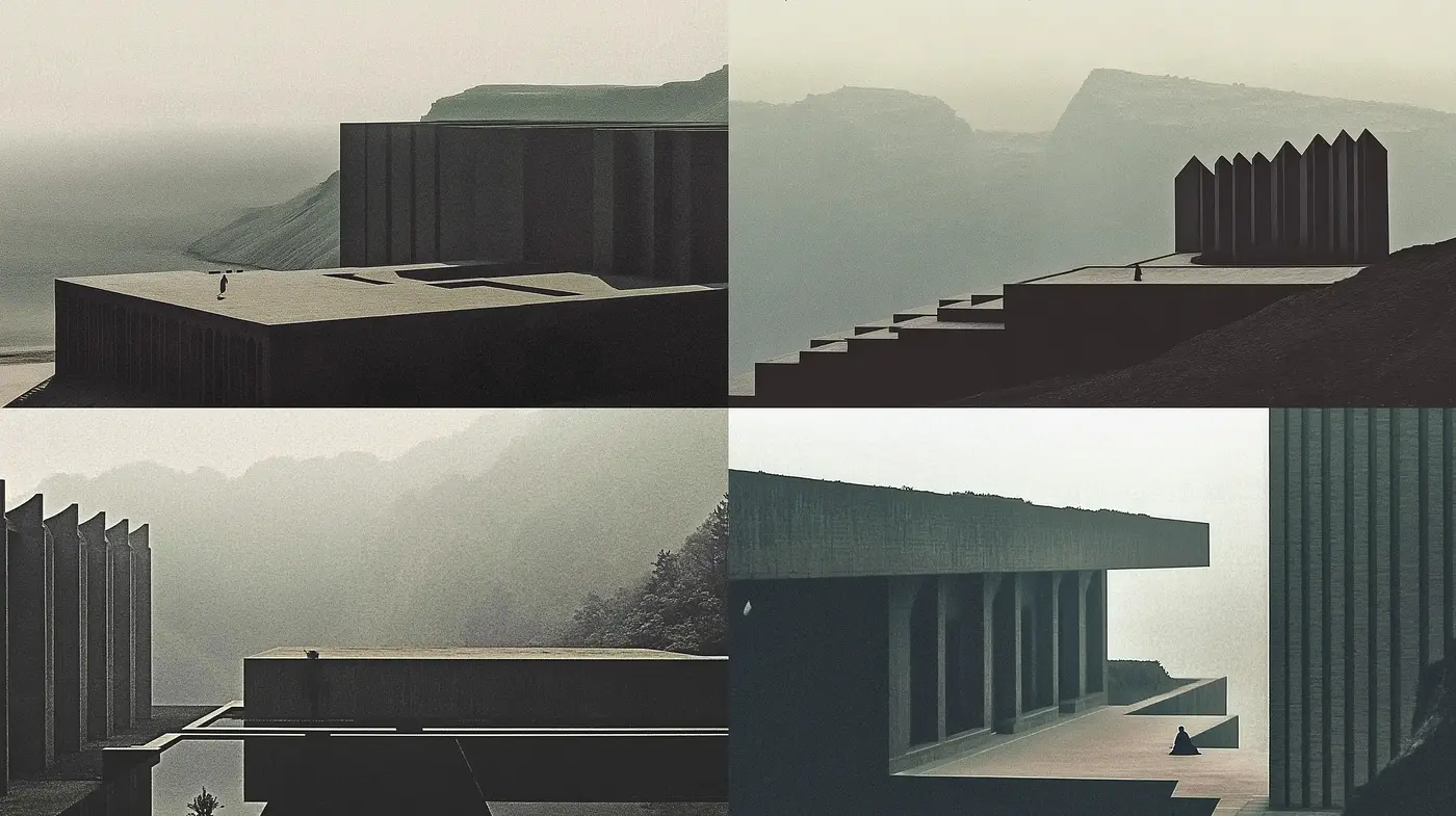 Monolithic Silhouettes and Ethereal Hues: A Study in Atmospheric Serenity - Midjourney sref style