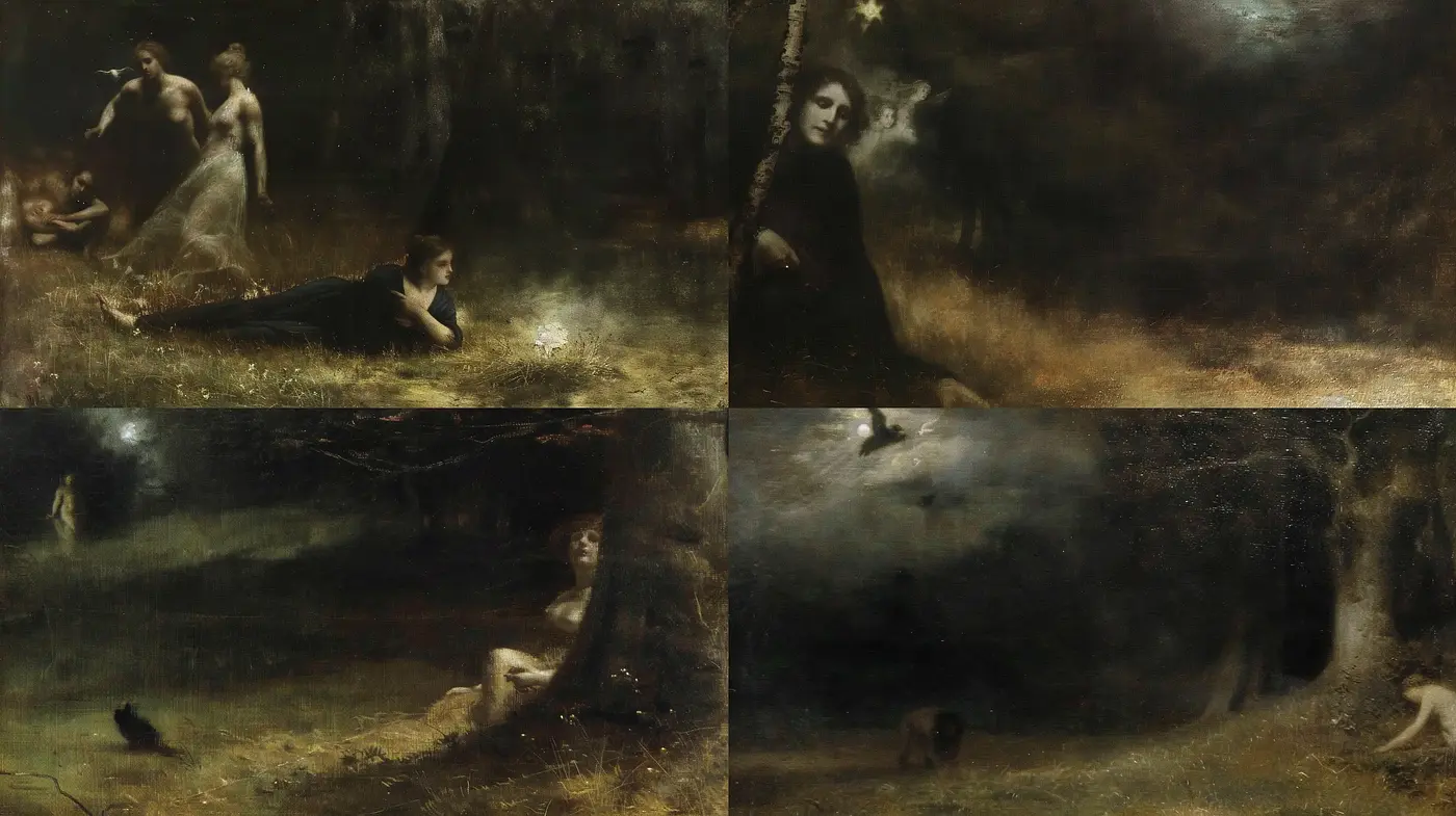 Mystical Shadows of Yesteryear: An Ethereal Homage in Dark Tones - Midjourney sref style